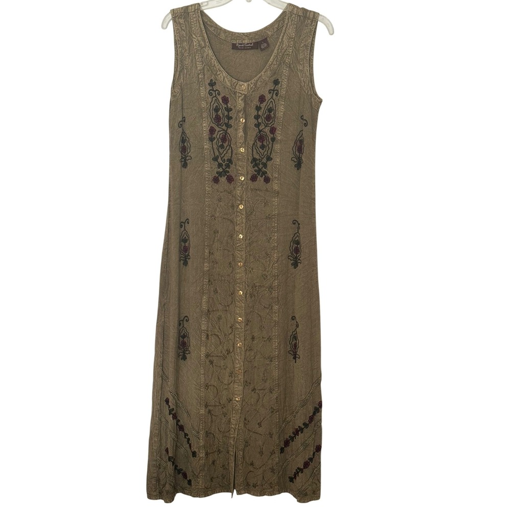 Speed Control Maxi Dress Olive Green Floral Embroidered Button Front Womens S